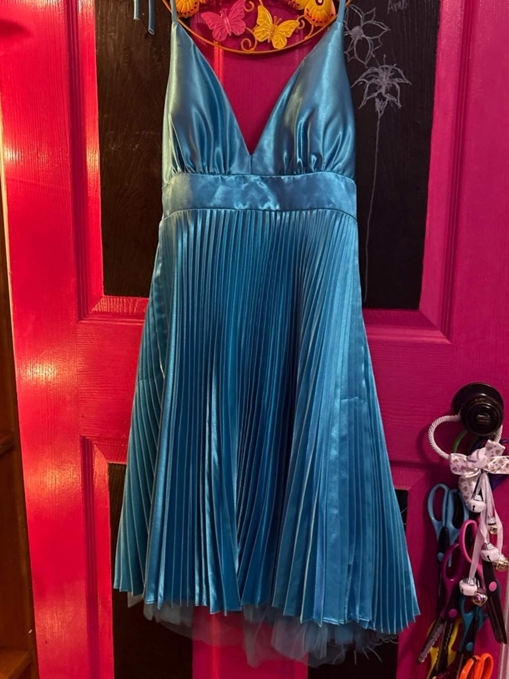 Girls Teal Satin Pleated Party Dress with V-Neck